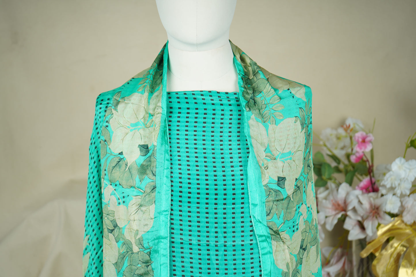 Green Zari Thread Embroidery Crepe Suit Set With Dupatta