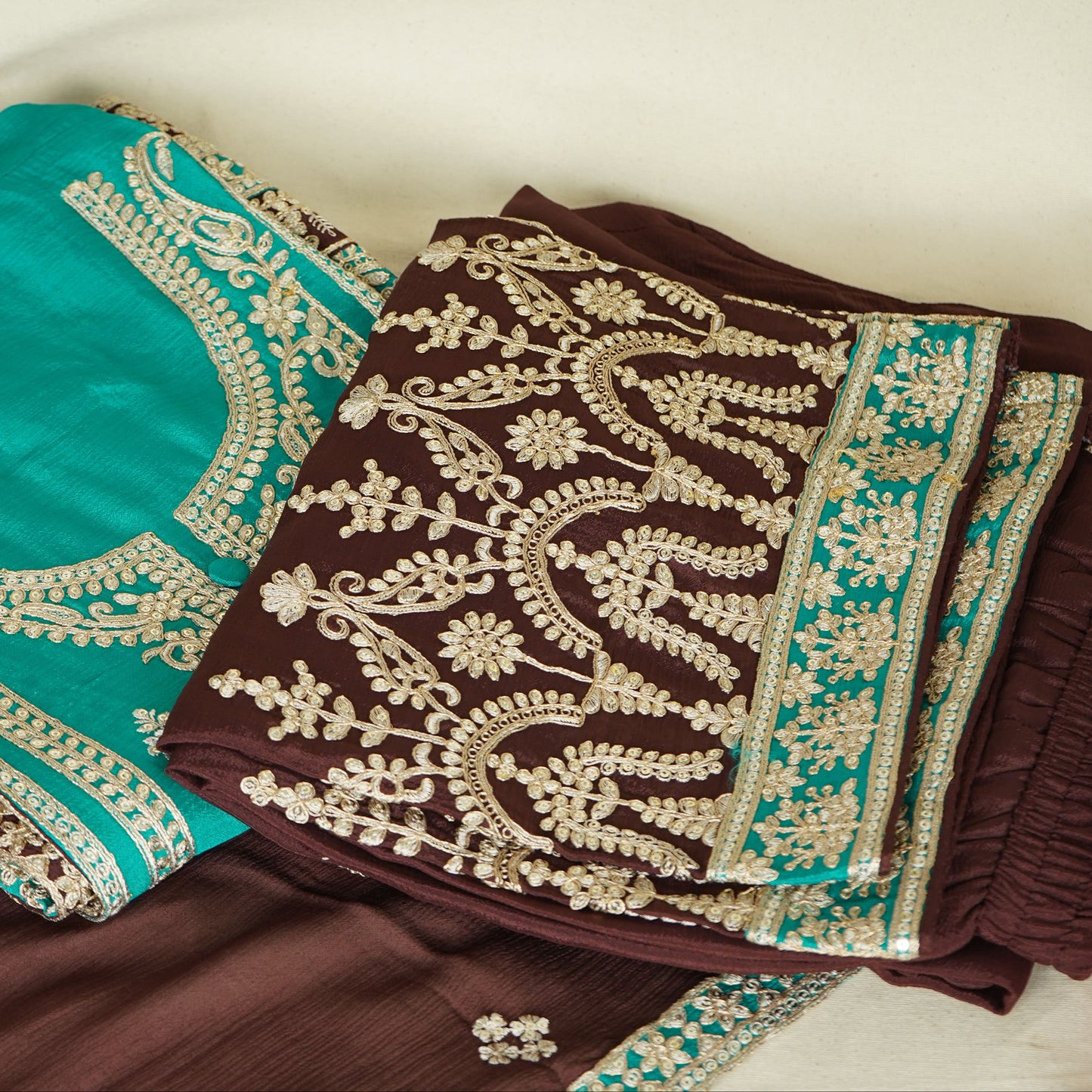Green With Wine Sequins Embroidery Chinnon Suit Set With Dupatta