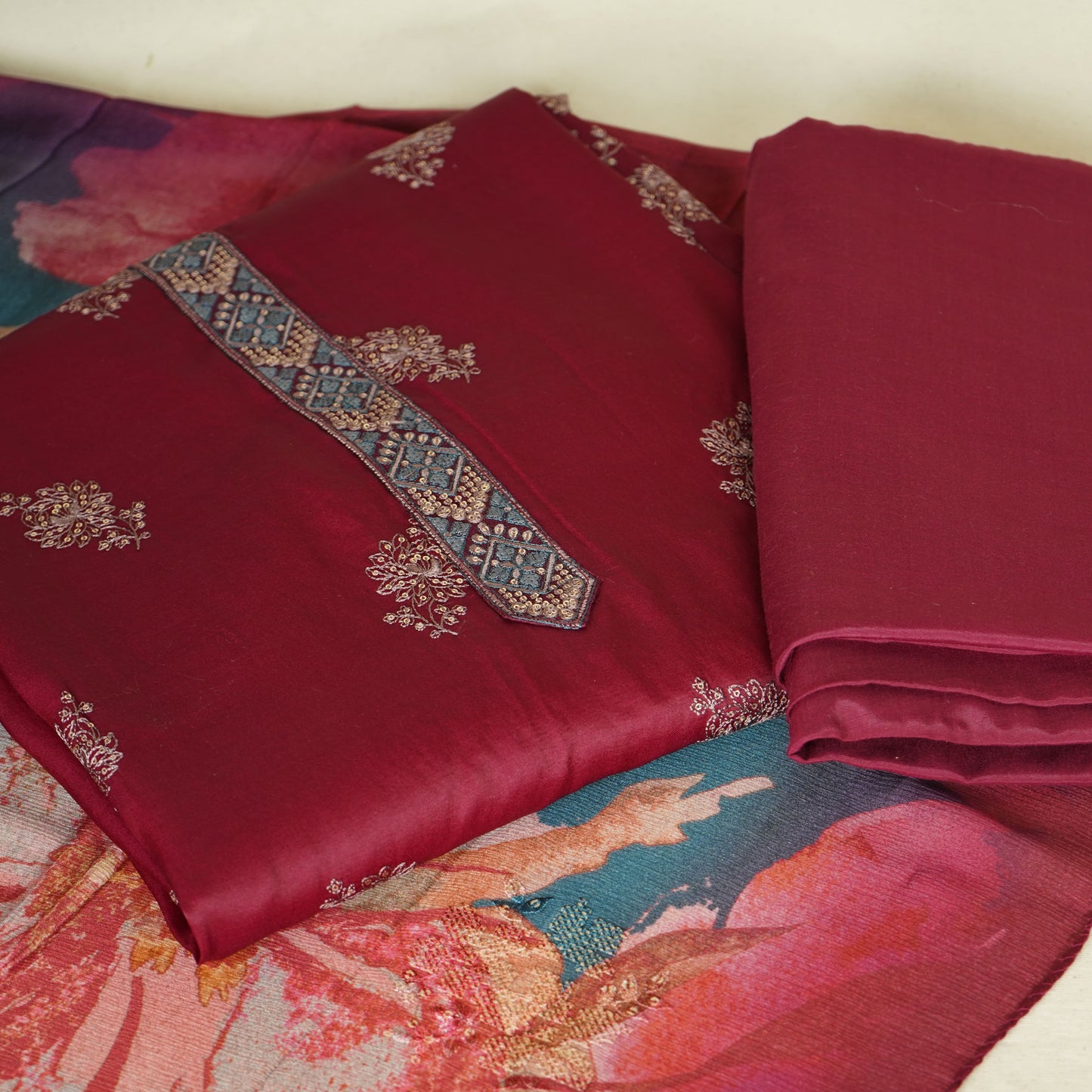 Wine Sequins Embroidery Dola Silk Suit Set With Dupatta