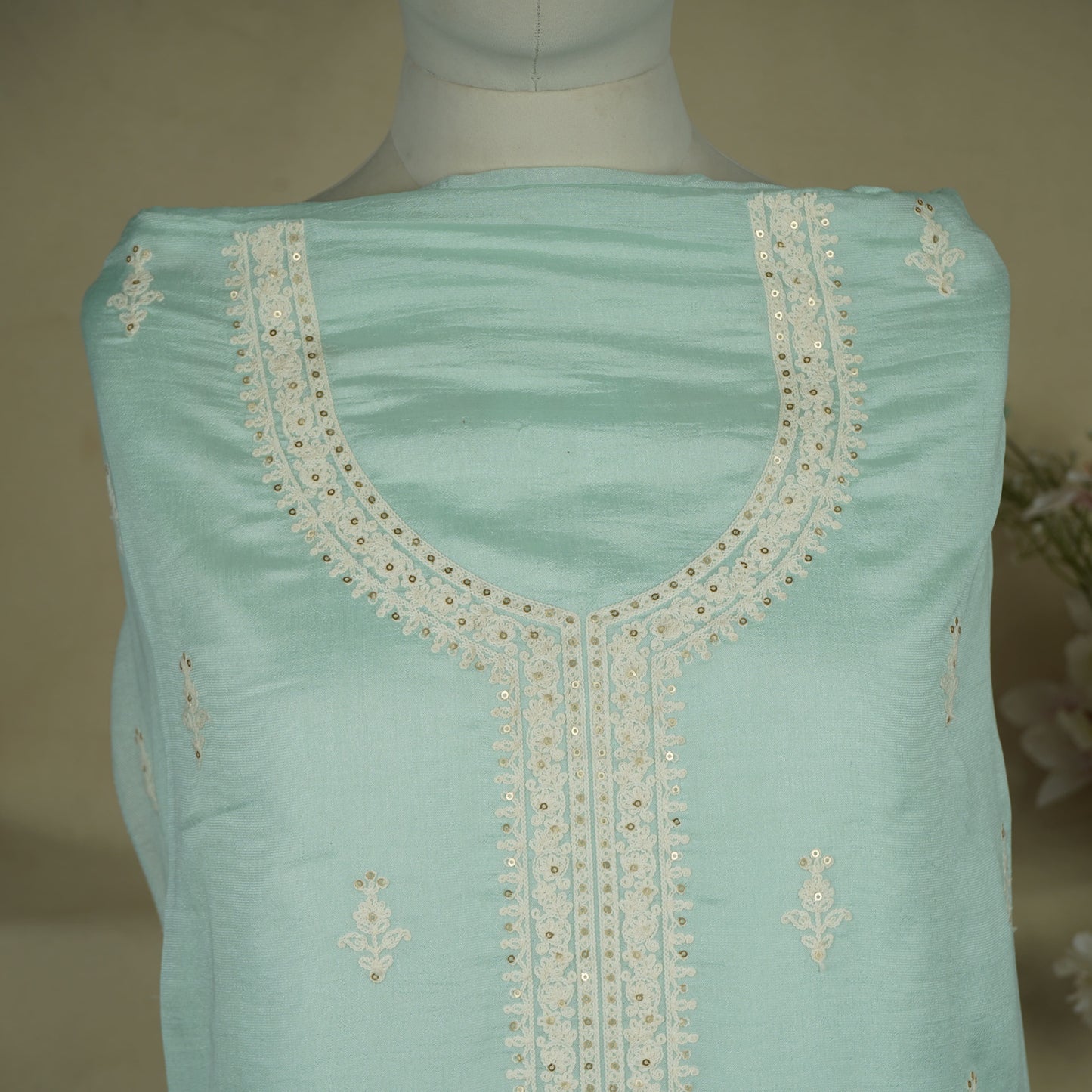 Sage Green Purple Chikankari Embroidery Pure Chinnon Suit Set With Dupatta