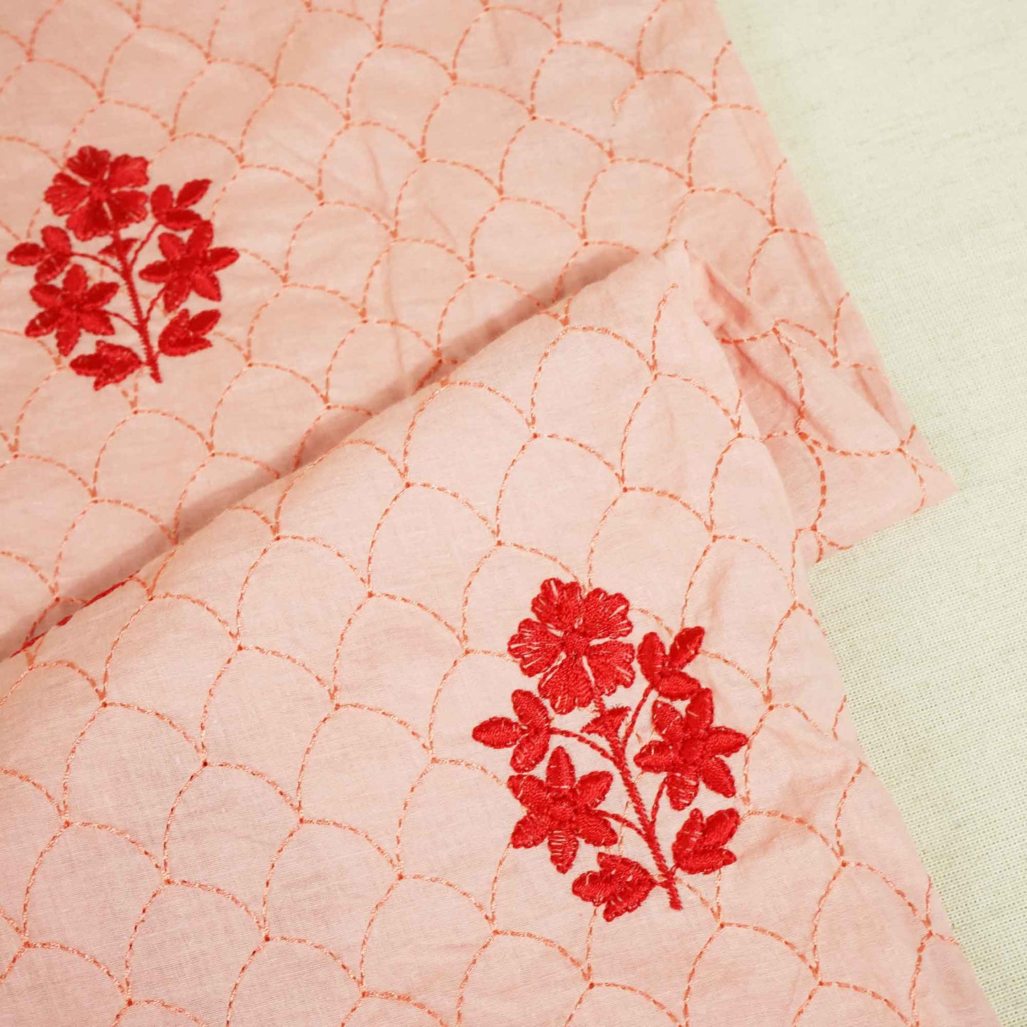 Coral Pink Floral Thread Embroidery Cambric Cotton JD-16264