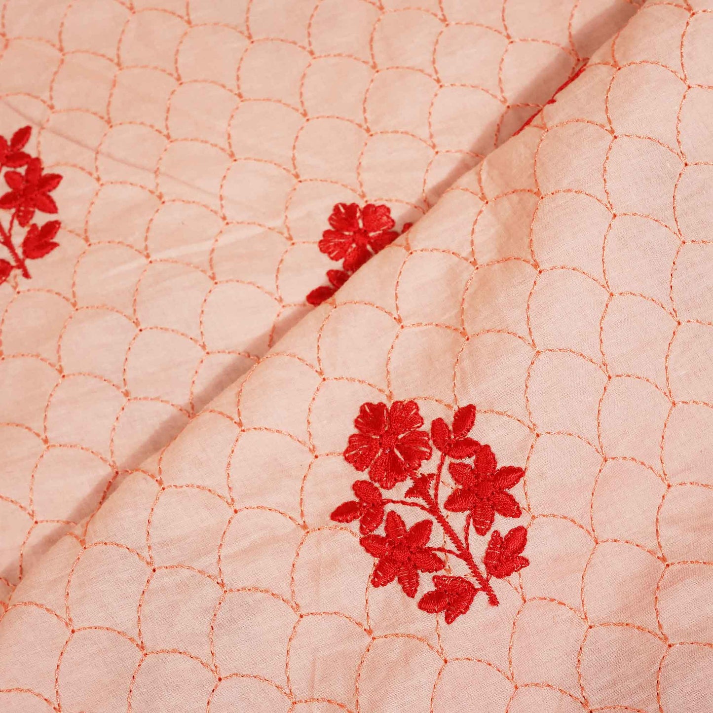 Coral Pink Floral Thread Embroidery Cambric Cotton JD-16264