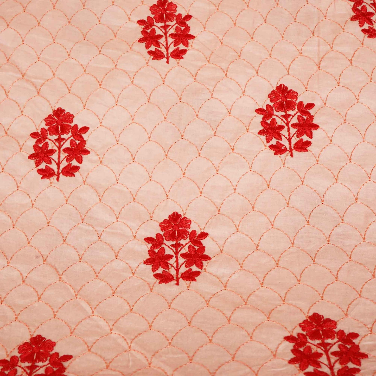 Coral Pink Floral Thread Embroidery Cambric Cotton JD-16264