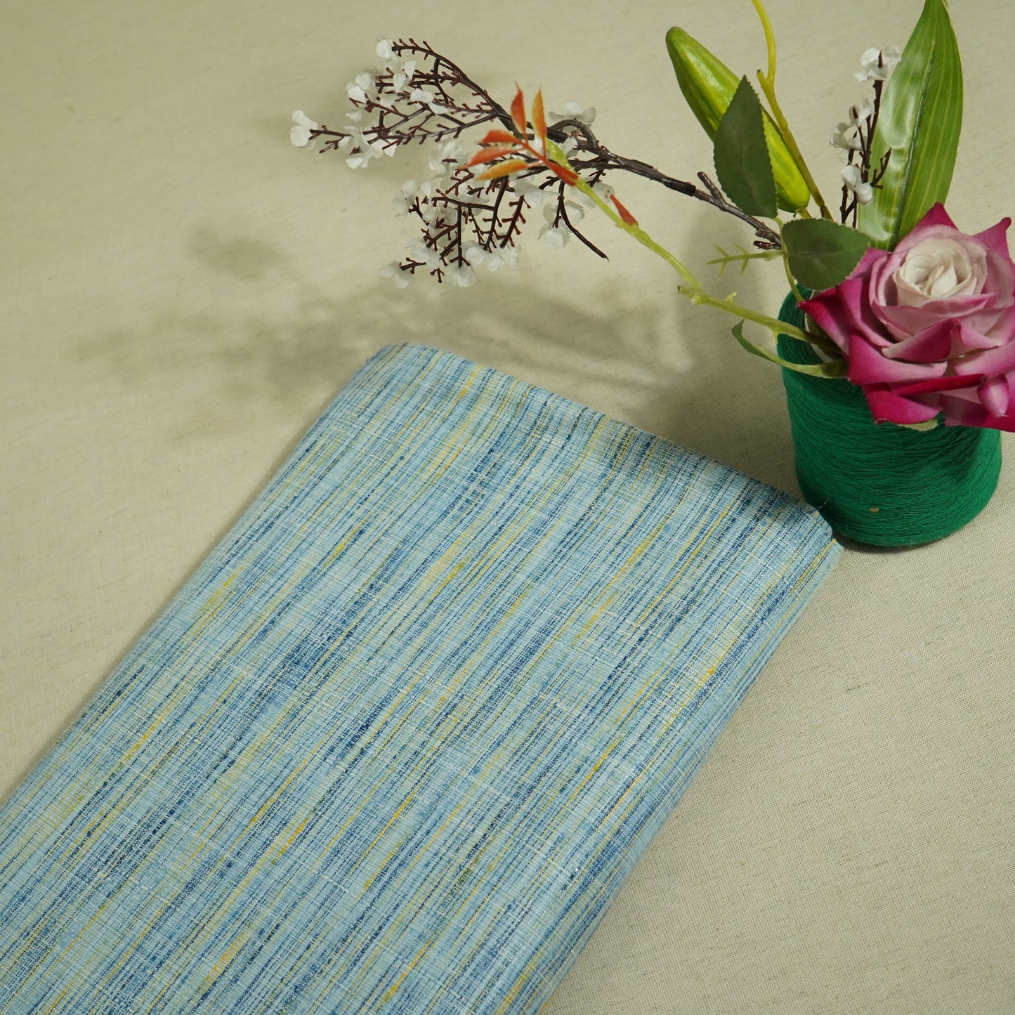 Blue Yellow Khadi Linen Fabric DE-16441