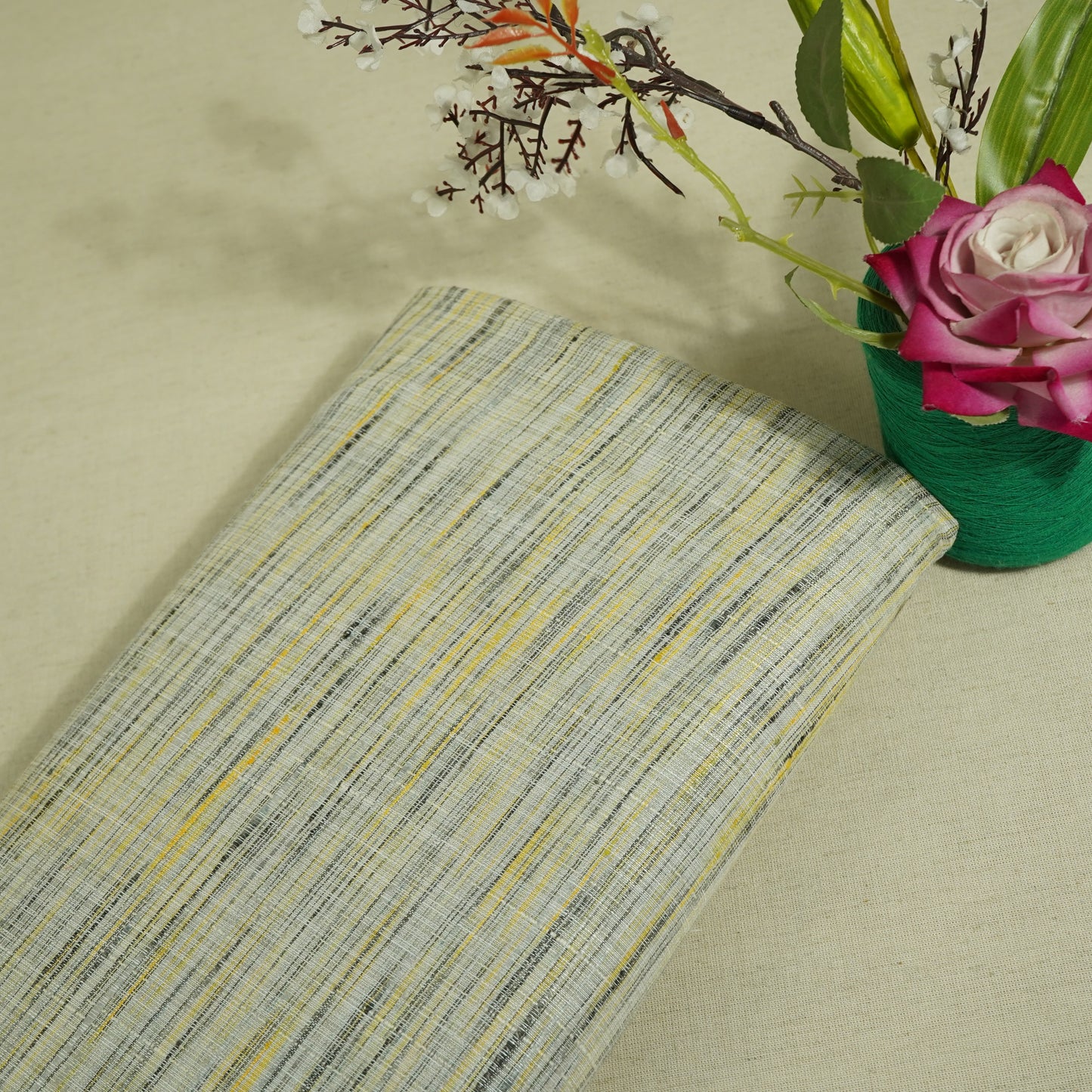 Blue Yellow Khadi Linen Fabric DE-16442