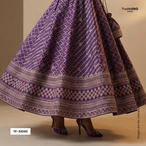 Purple Bandhani Jacquard Cutdana Embroidery Russian Silk Fabric TF-32343 - TradeUNO