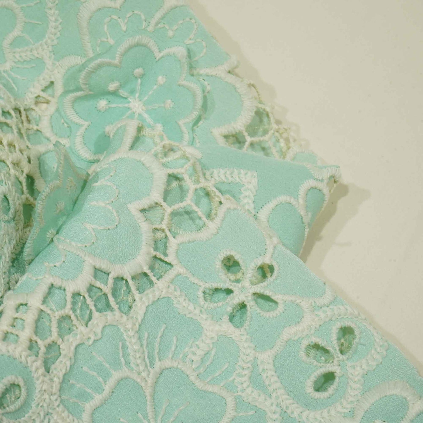 Mint Green White 3D Embroidery Schiffli Crepe AF-16666