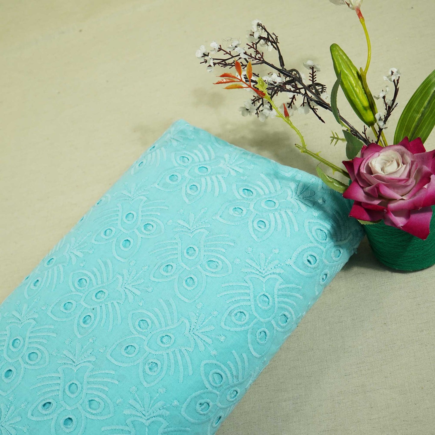 Sky Blue Floral Embroidery Cotton Schiffli PGF-16671