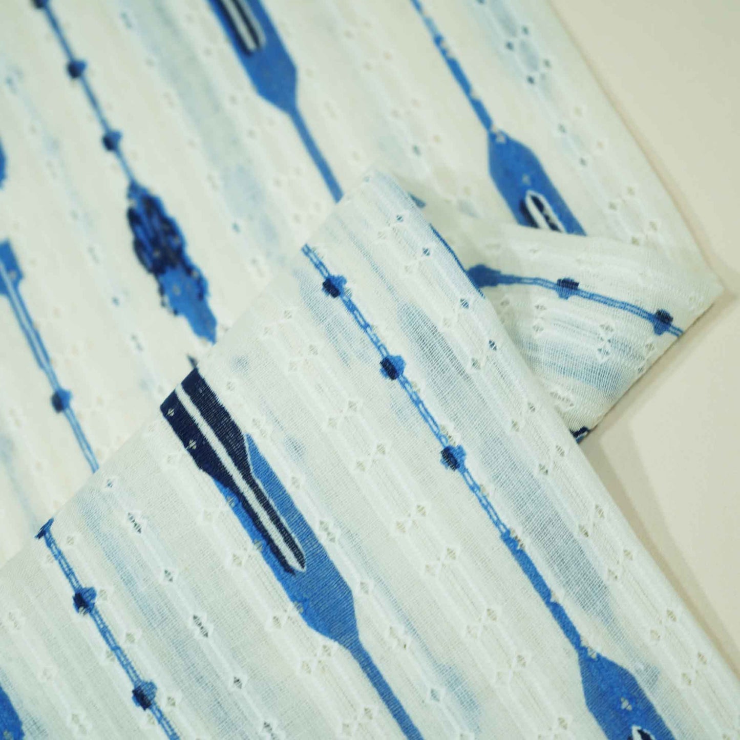 OffWhite Blue Ikkat Dobby Embroidery Dyeable Cotton DE-16820