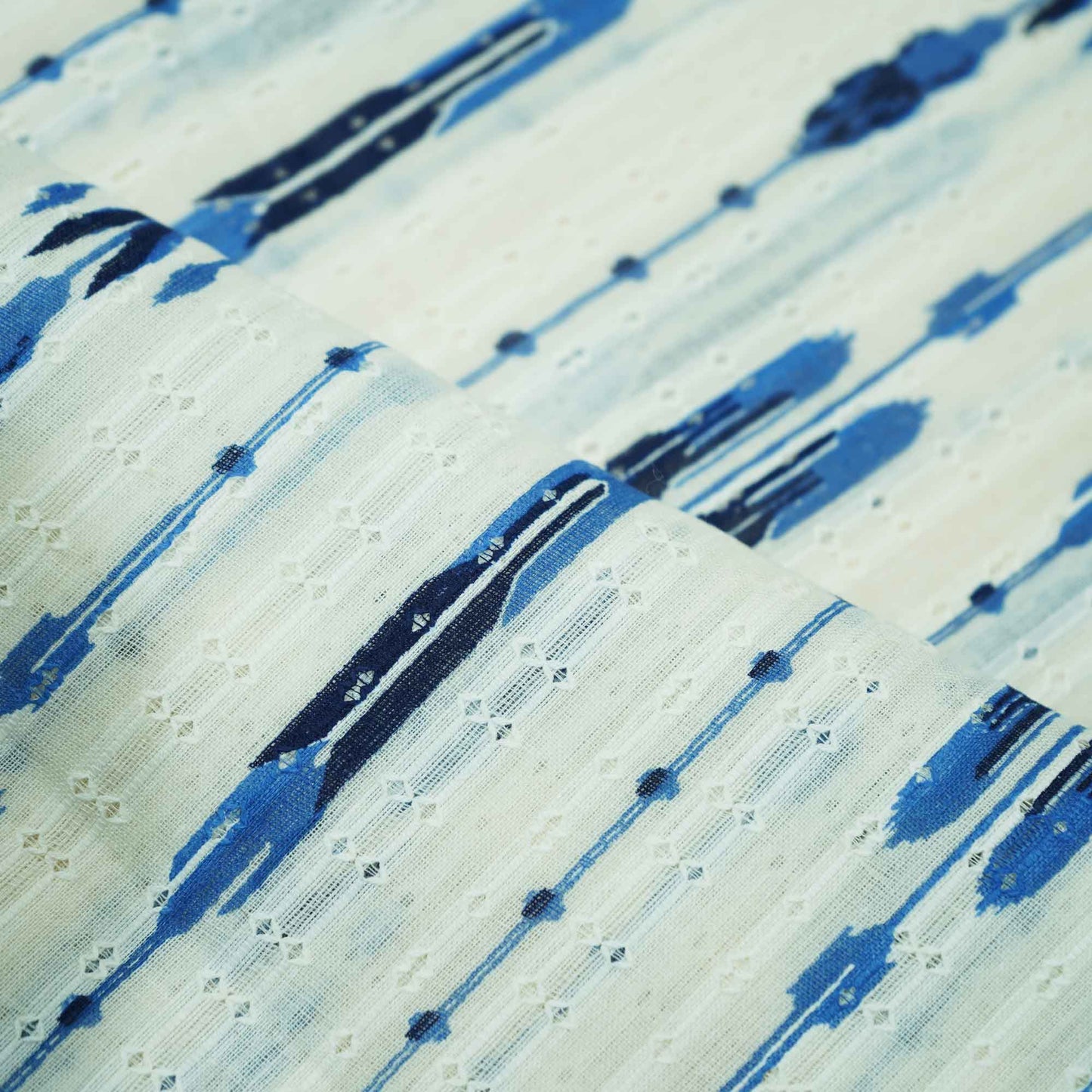 OffWhite Blue Ikkat Dobby Embroidery Dyeable Cotton DE-16820