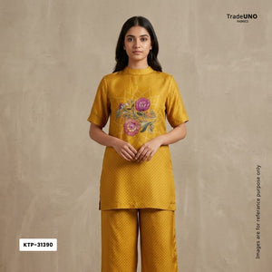 Mustard Kalamkari with Bandhani print Bemberg Modal Silk Fabric KTP-31390 - TradeUNO