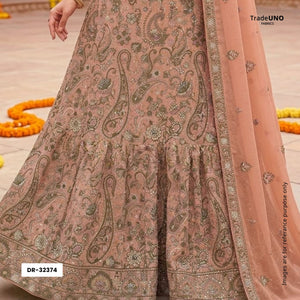 Peach Kashmiri Paisley Embroidery Georgette Fabric DR-32374 - TradeUNO