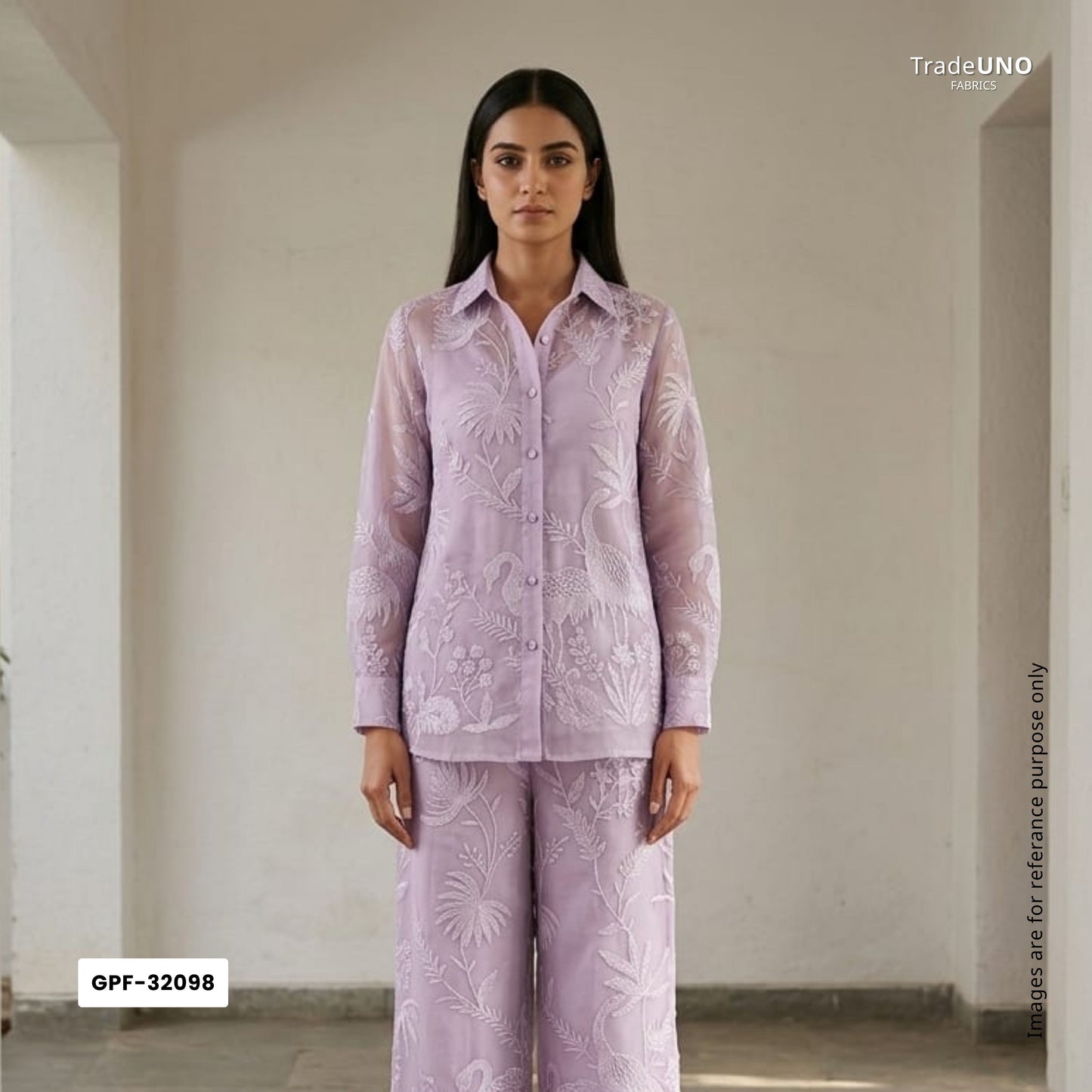 Lavender Parsi thread embroidery Organza Fabric GPF-32098