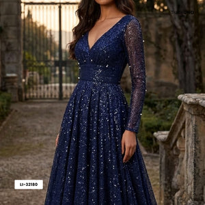 Navy Blue Sequins Embroidery Net Fabric LI-32180 - TradeUNO