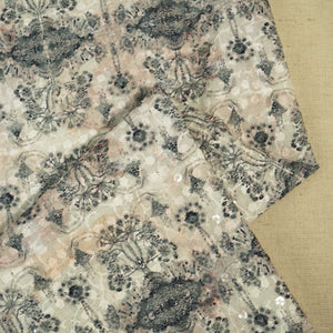 White Black & Pink Traditional Thread Sequins Embroidery Cotton KT-17135