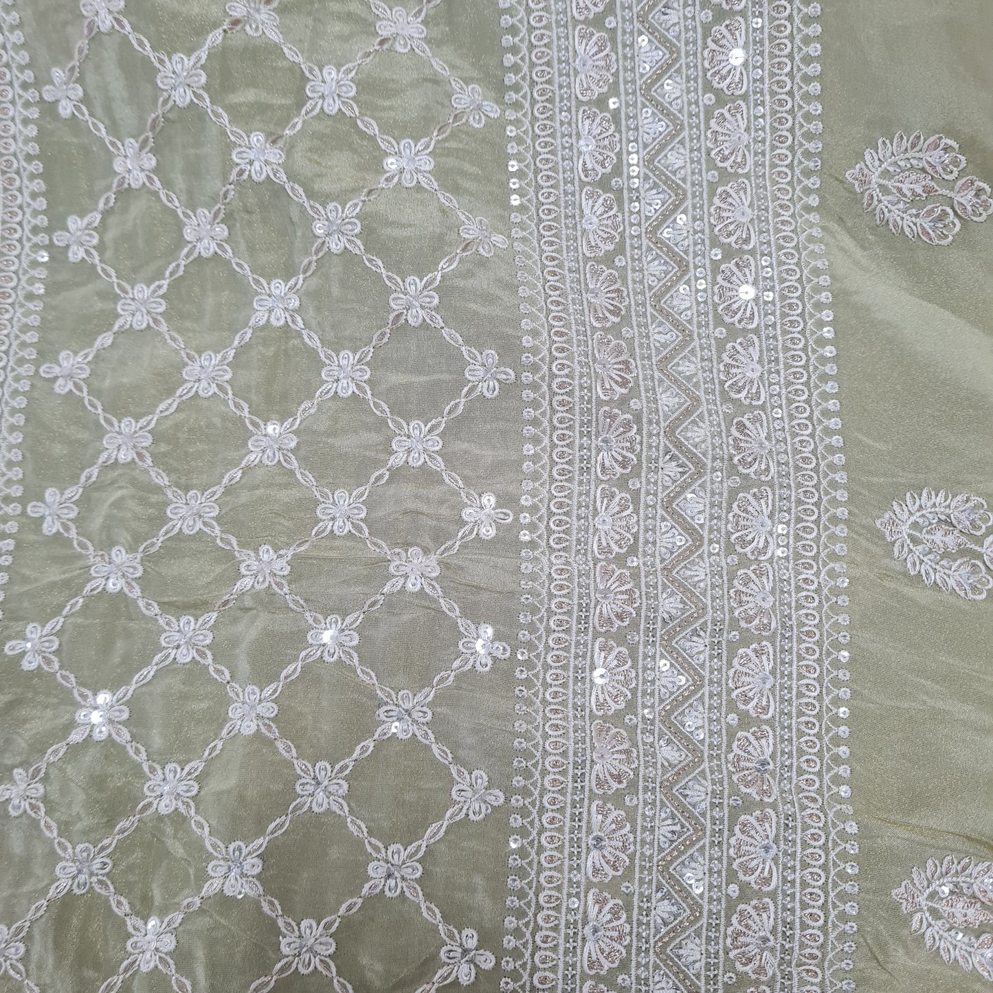 Premium Georgette Fabric Crocodile Green Floral Embroidary Fabric