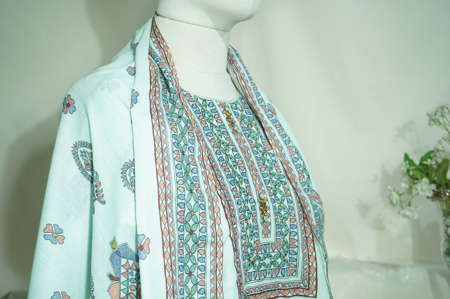 Suit Set With Dupatta (Top-Malmal, Bottom-Malmal, Dupatta-Malmal) Sage Green Madhubani Print 17420