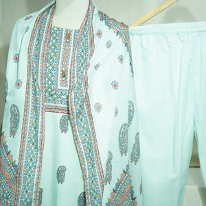 Suit Set With Dupatta (Top-Malmal, Bottom-Malmal, Dupatta-Malmal) Sage Green Madhubani Print 17420