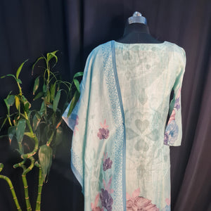 Suit Set With Dupatta (Top-Cotton Linen, Bottom-Santoon, Dupatta-Cotton Linen) Sea Blue Thred Embroidery Lace 17421
