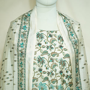 Suit Set With Dupatta (Top-Cotton Silk, Bottom-Cotton Silk, Dupatta-Cotton Silk) Creame Brown Tropical Print 17423