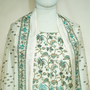 Suit Set With Dupatta (Top-Cotton Silk, Bottom-Cotton Silk, Dupatta-Cotton Silk) Creame Brown Tropical Print 17423