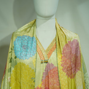 Suit Set With Dupatta (Top-Muslin, Bottom-Santoon, Dupatta-Chiffon) Light Green Thread Lace Embroidery 17425