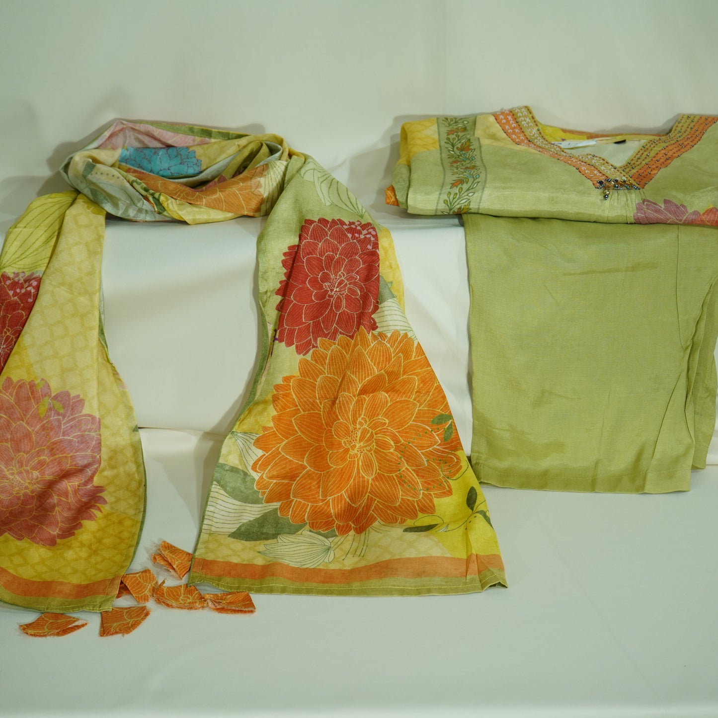 Suit Set With Dupatta (Top-Muslin, Bottom-Santoon, Dupatta-Chiffon) Light Green Thread Lace Embroidery 17425