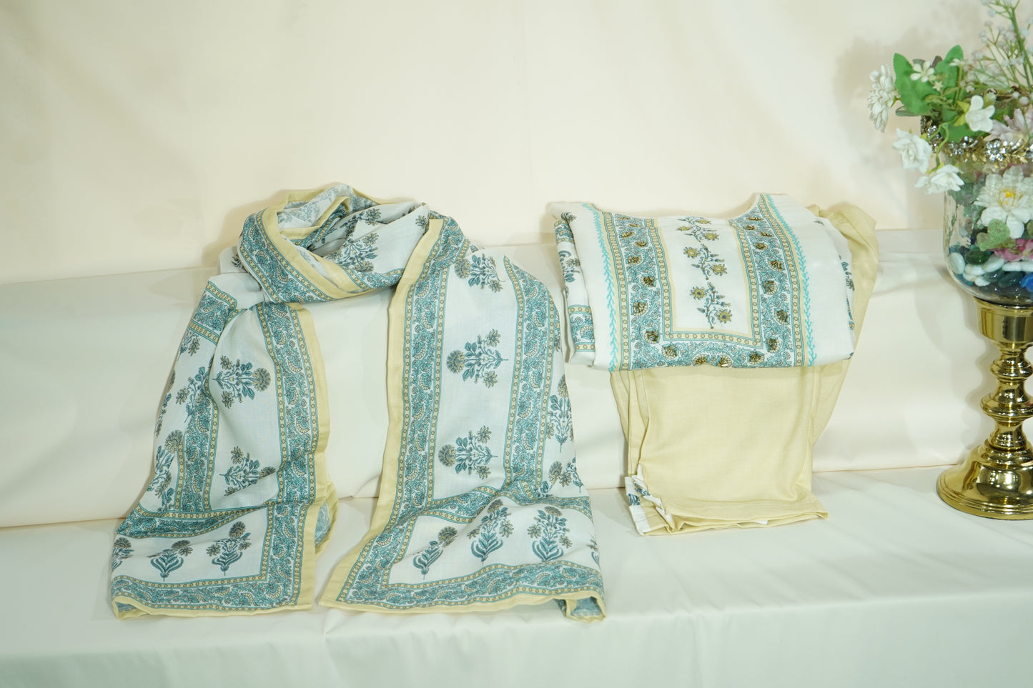 Suit Set With Dupatta (Top-Mulmul, Bottom-mulmul, Dupatta-Mulmul) White Green Thread Lace Embroidery 17426