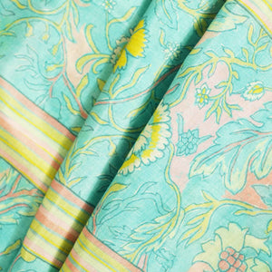 Blue Floral Stripes Print Cotton Silk GT-17476