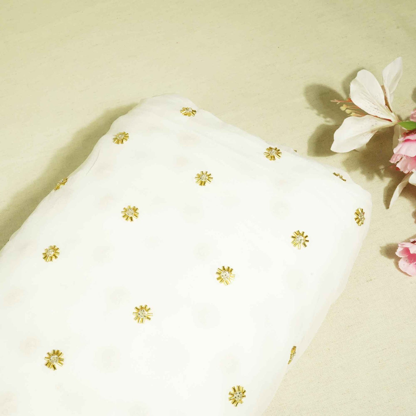 White Golden CutDana Floral Embroidery Georgette KT-17484