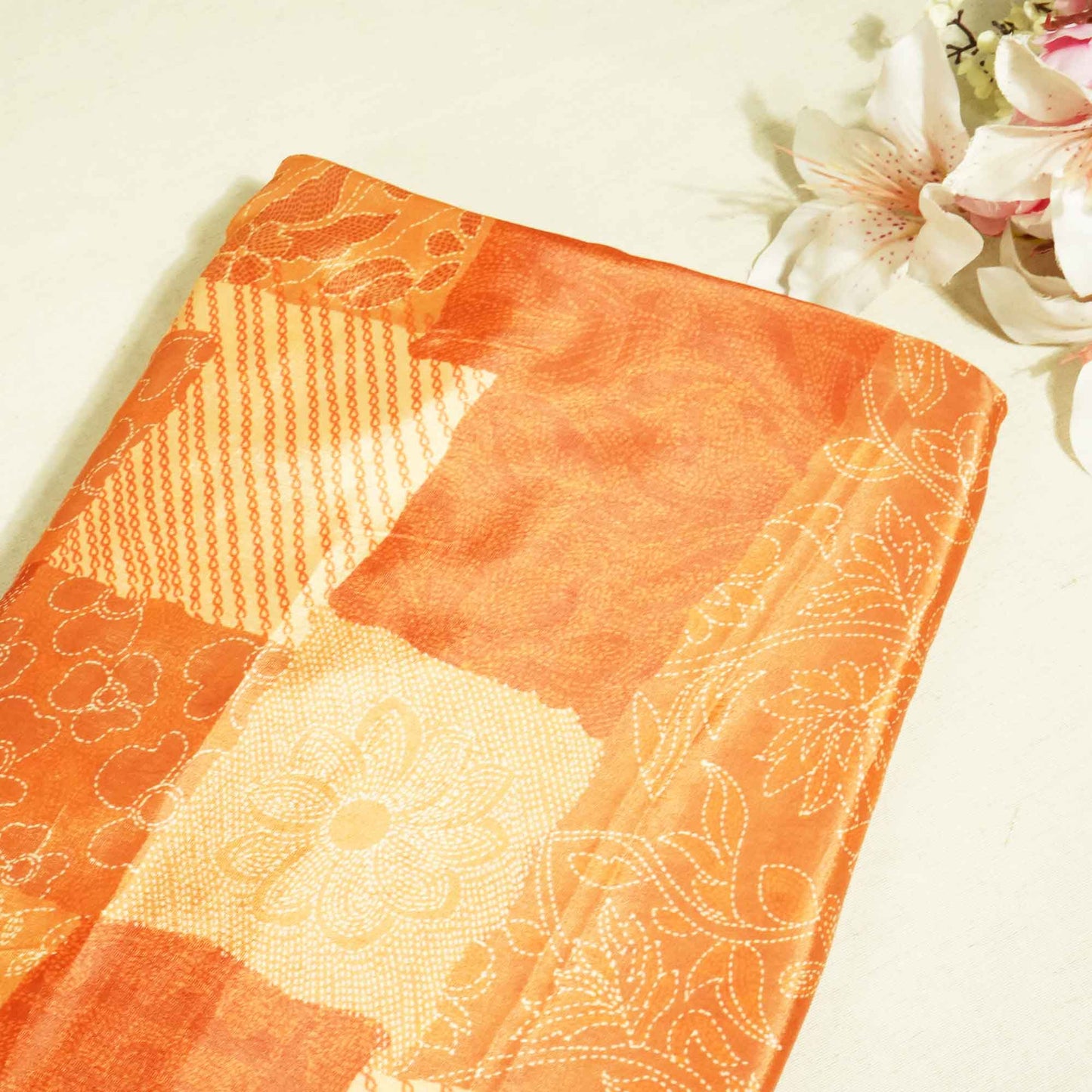 Orange Check Floral Print Crepe GT-17512
