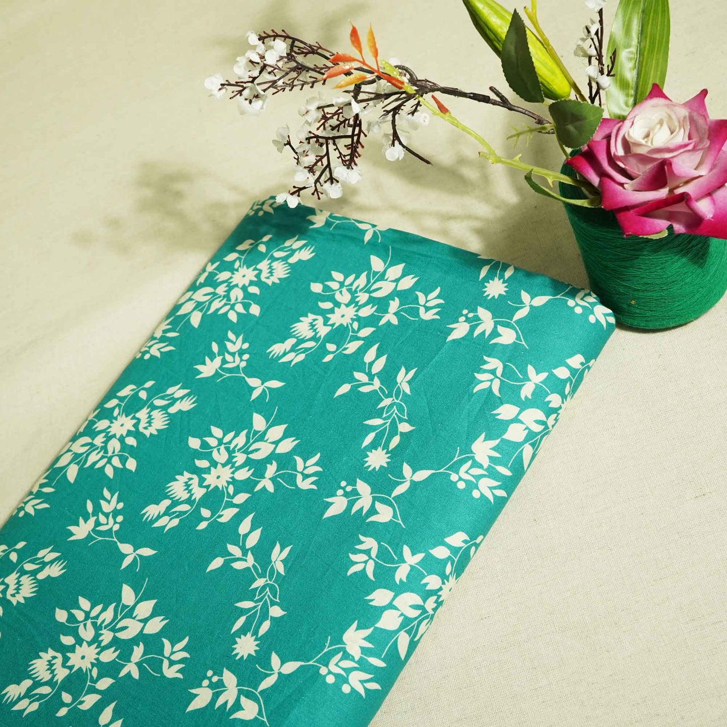 Off White Floral Print Cotton Fabric RT-17583
