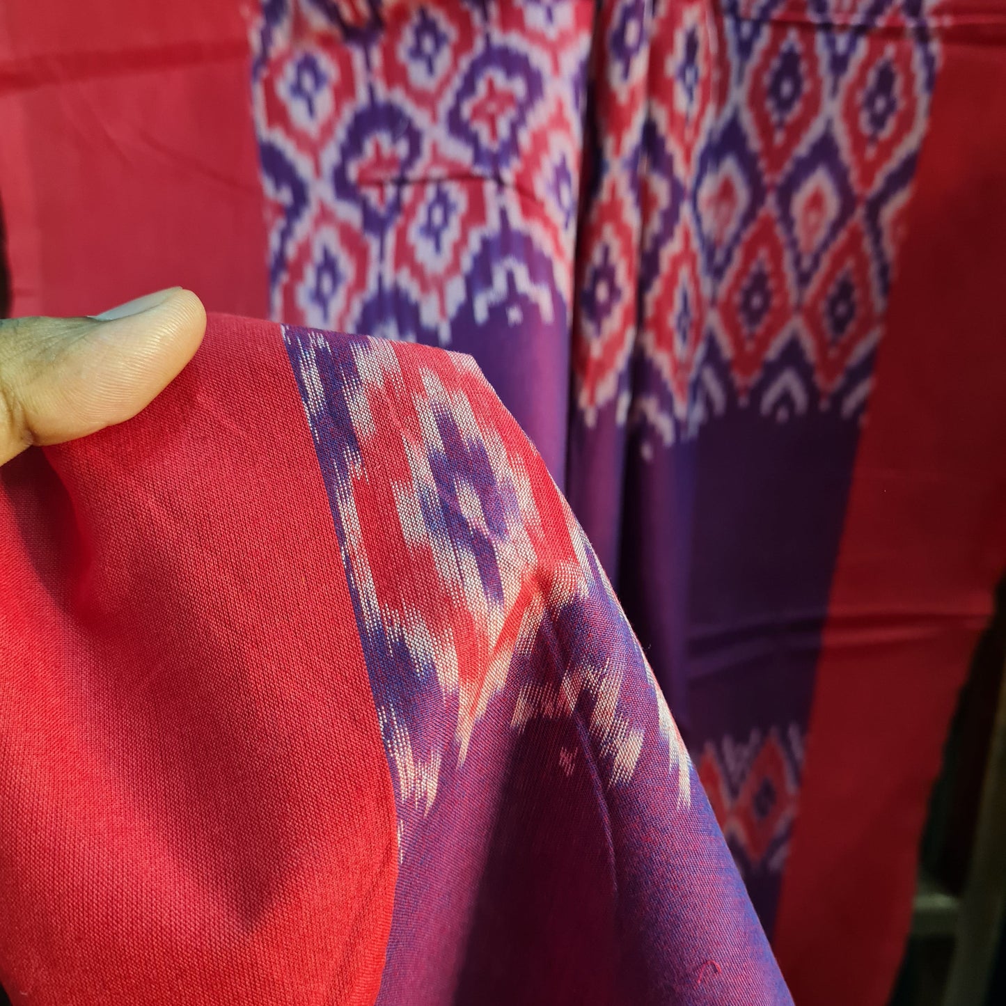 Premium Red and Blue Mercerized IKKAT Prints Dupatta Cotton Fabric