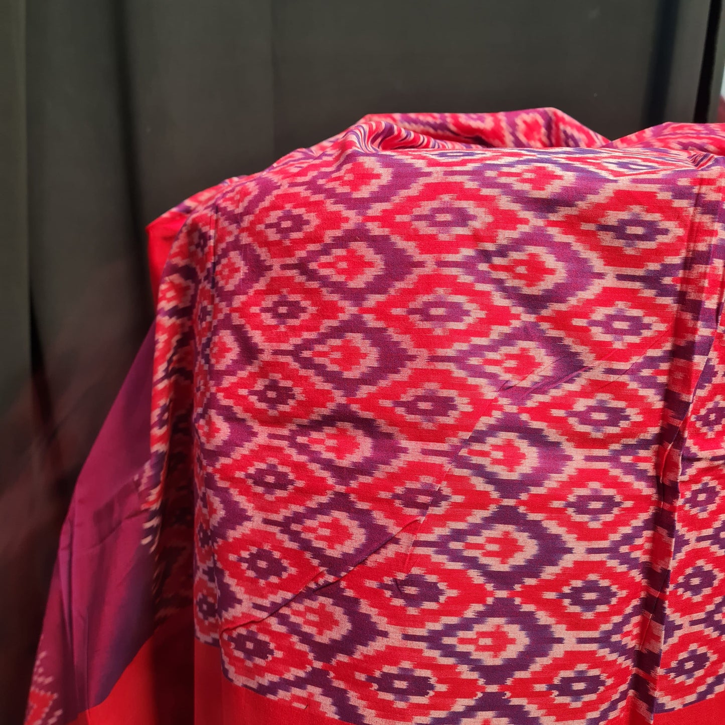 Premium Red and Blue Mercerized IKKAT Prints Dupatta Cotton Fabric