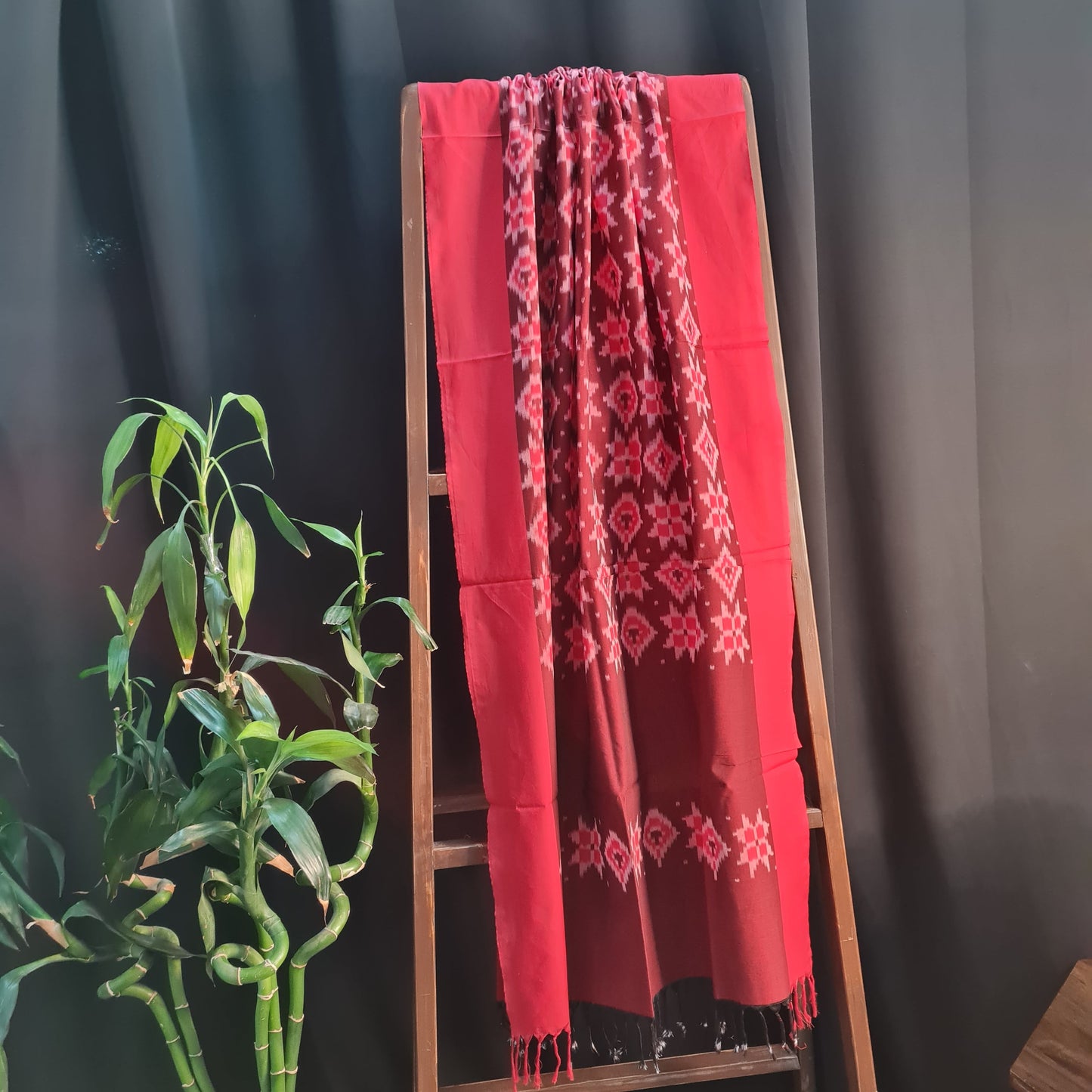 Premium Brown and Red Mercerized IKKAT Prints Dupatta Cotton Fabric
