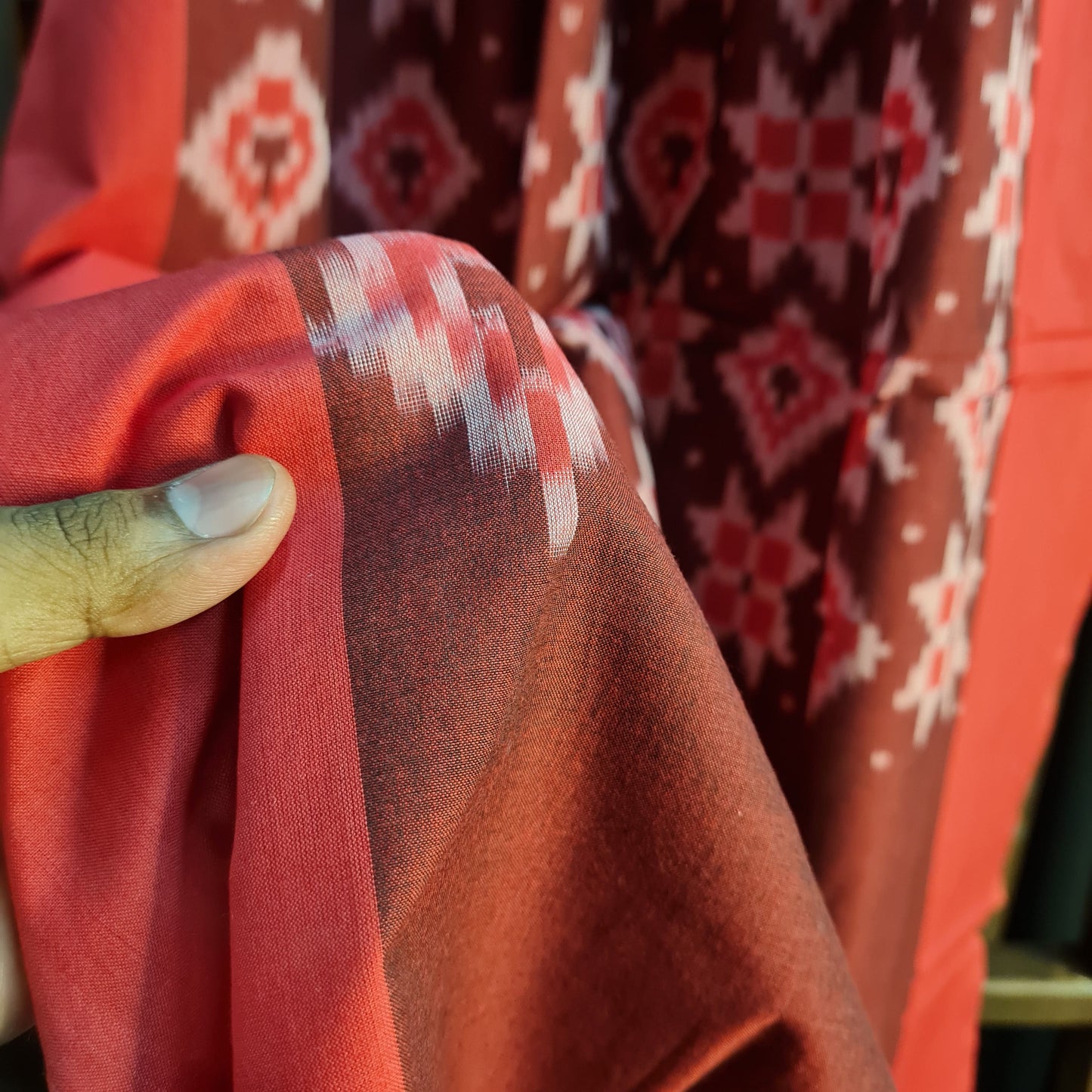 Premium Brown and Red Mercerized IKKAT Prints Dupatta Cotton Fabric