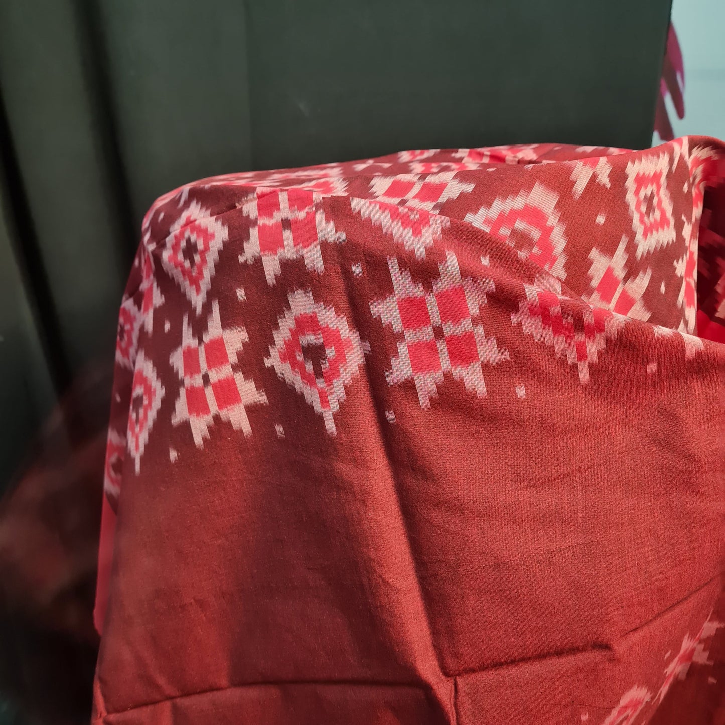 Premium Brown and Red Mercerized IKKAT Prints Dupatta Cotton Fabric