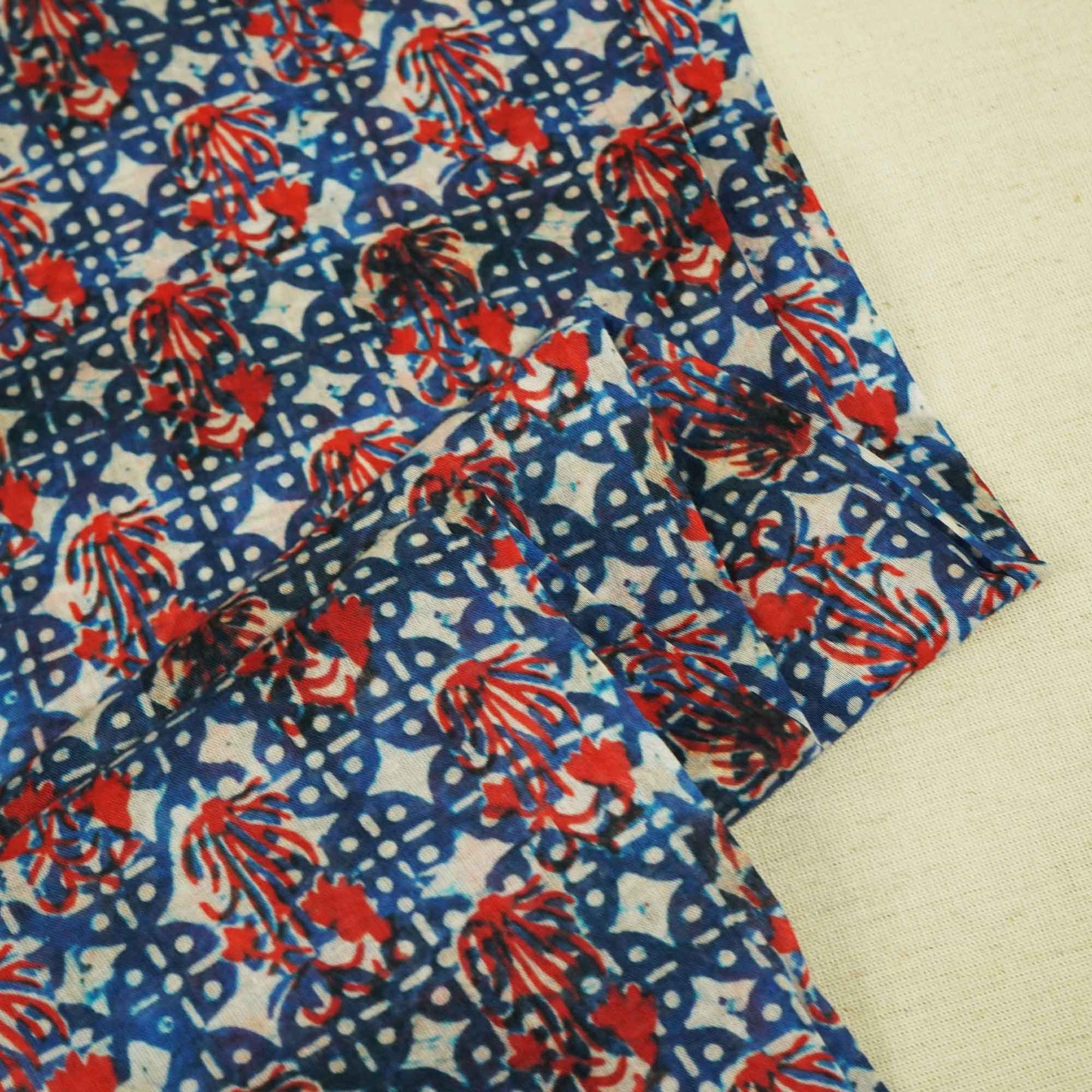 Red and White Indigo Handblock Print Mulmul Fabric GT-90-17714
