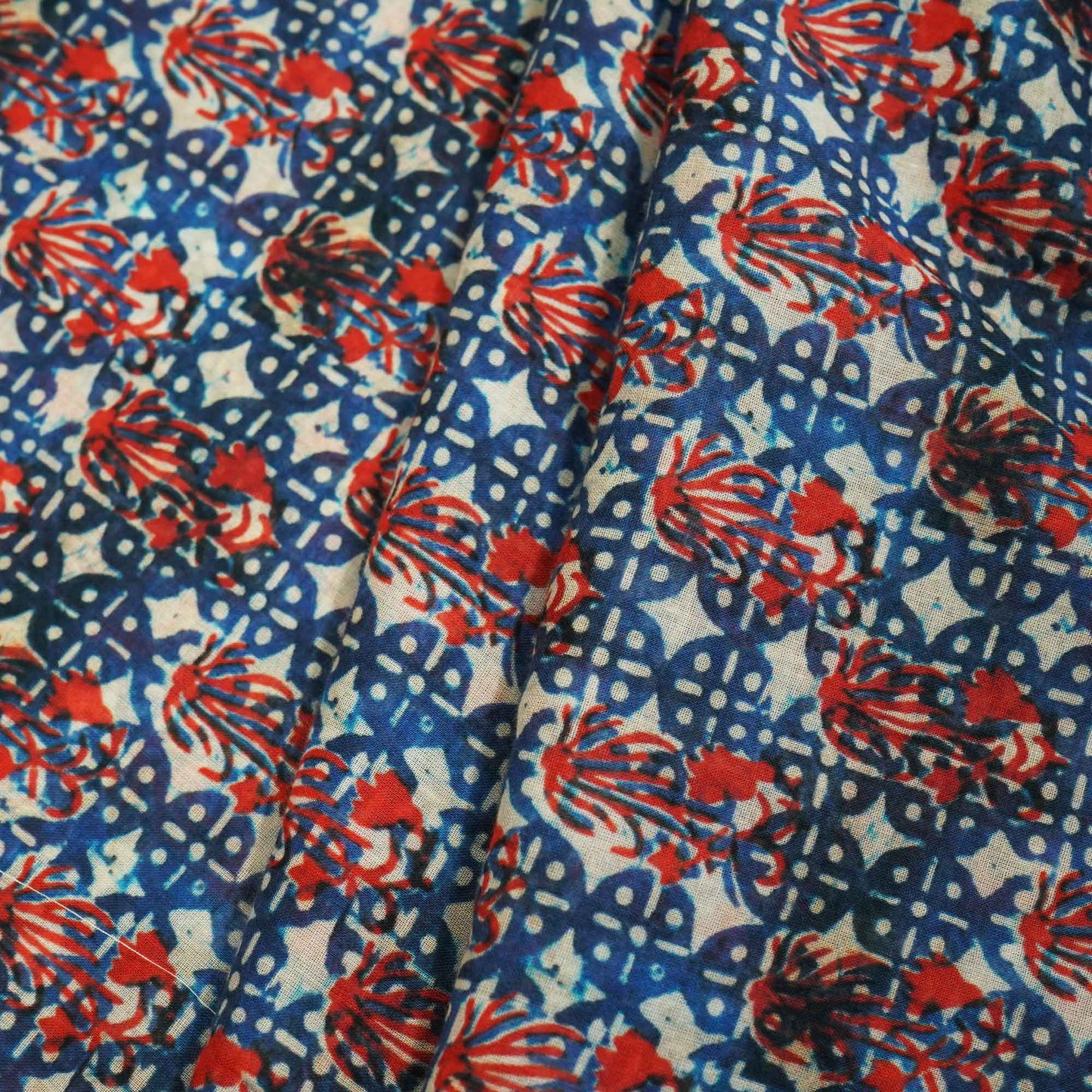 Red and White Indigo Handblock Print Mulmul Fabric GT-90-17714