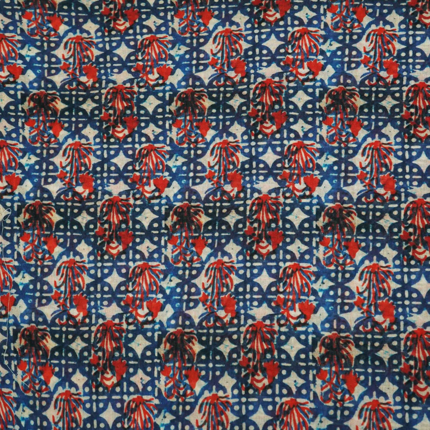 Red and White Indigo Handblock Print Mulmul Fabric GT-90-17714