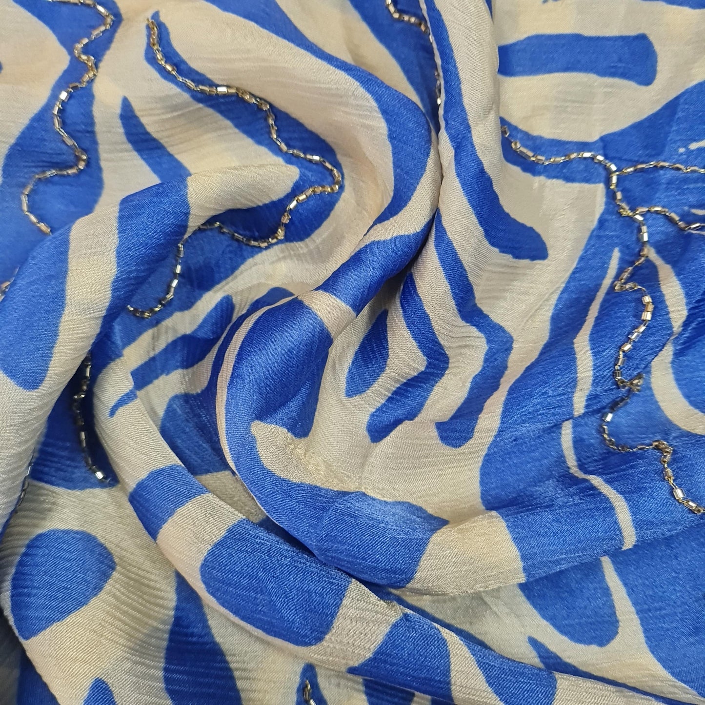 Premium Blue Abstract Cutdana Embroidery Satin Chiffon
