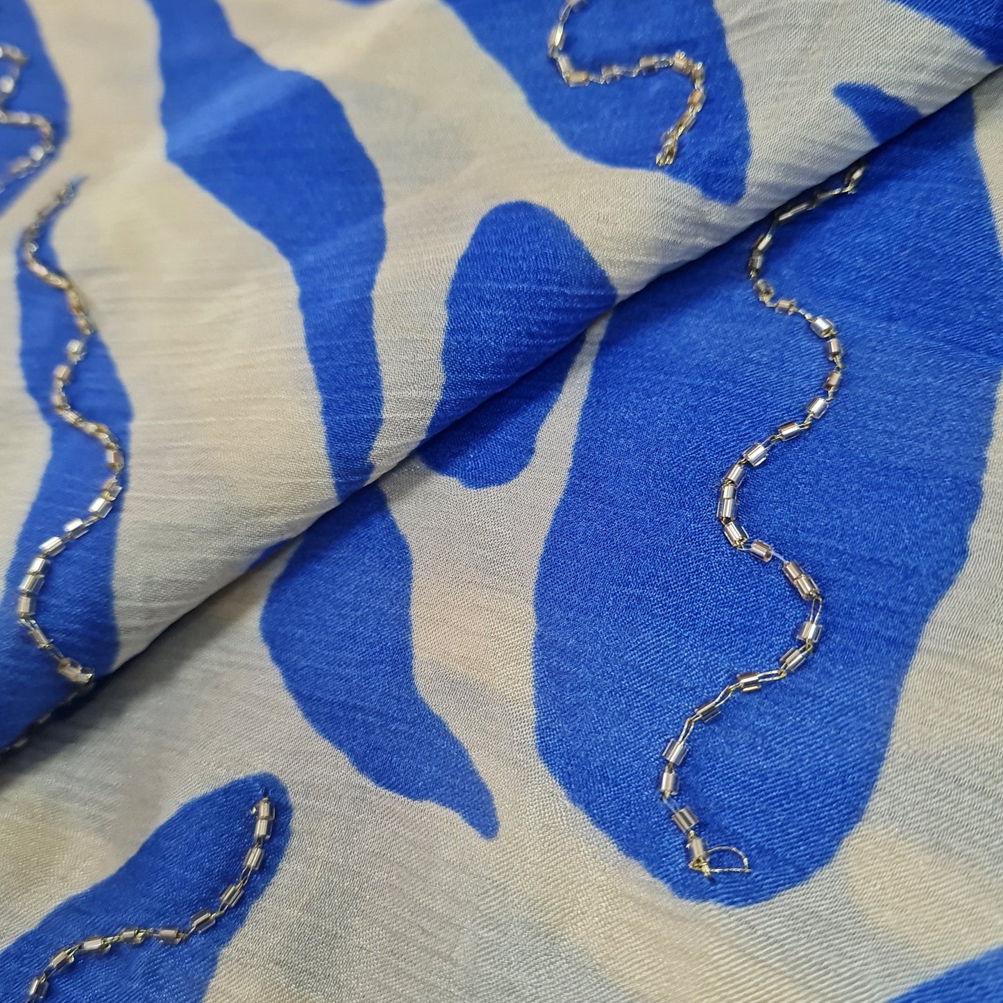 Premium Blue Abstract Cutdana Embroidery Satin Chiffon