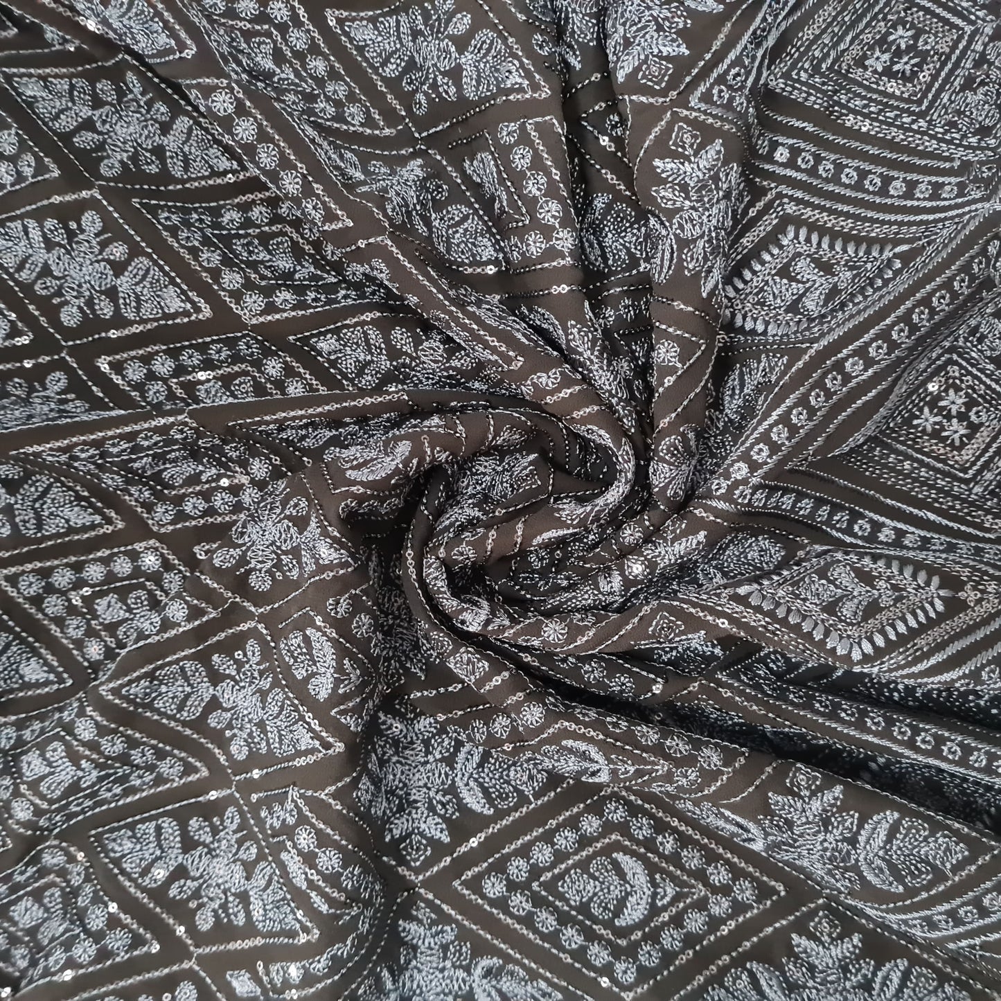 Black Geometrical Thread Embroidery Georgette Fabric 17861