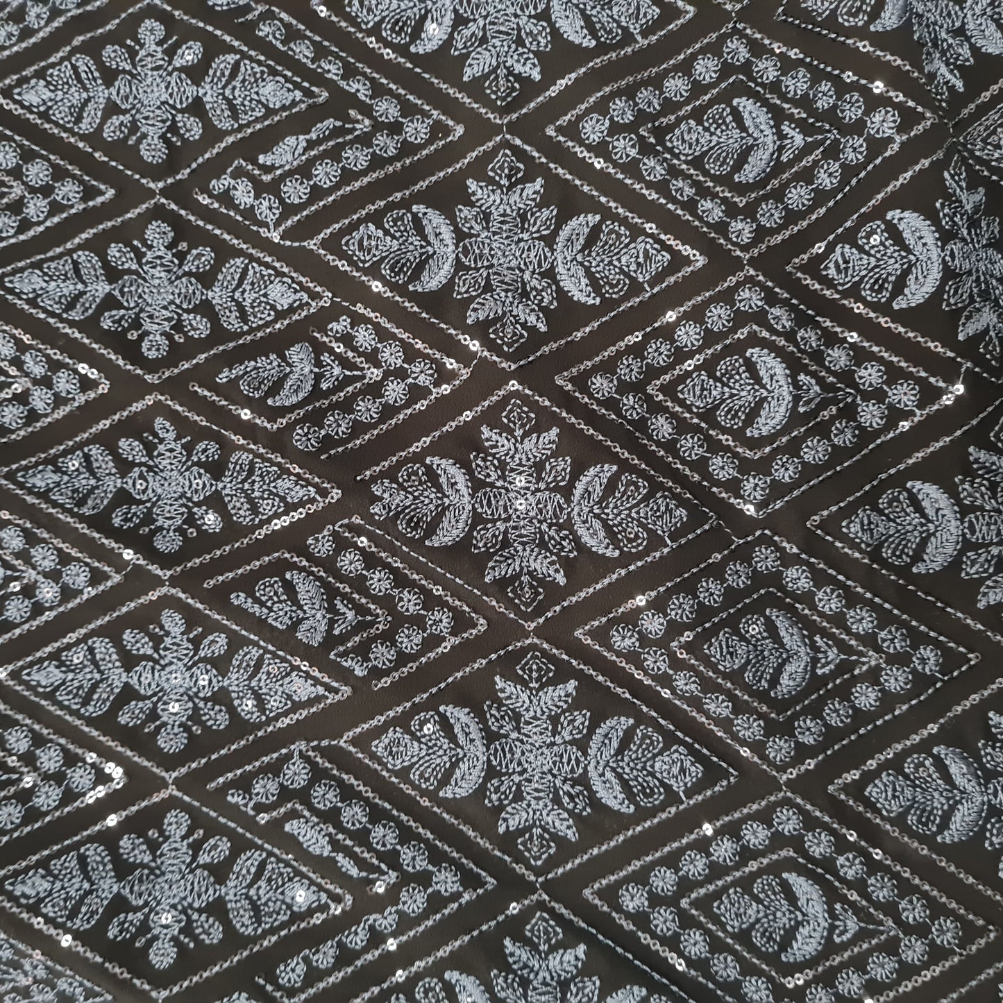 Black Geometrical Thread Embroidery Georgette Fabric 17861