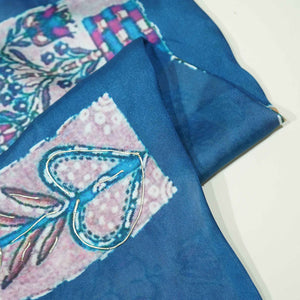 Blue Floral Foil Work Georgette Satin Fabric 133 SS-18381