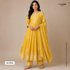 Mustard Yellow thread embroidery Pure Linen Fabric SN-31243 - TradeUNO