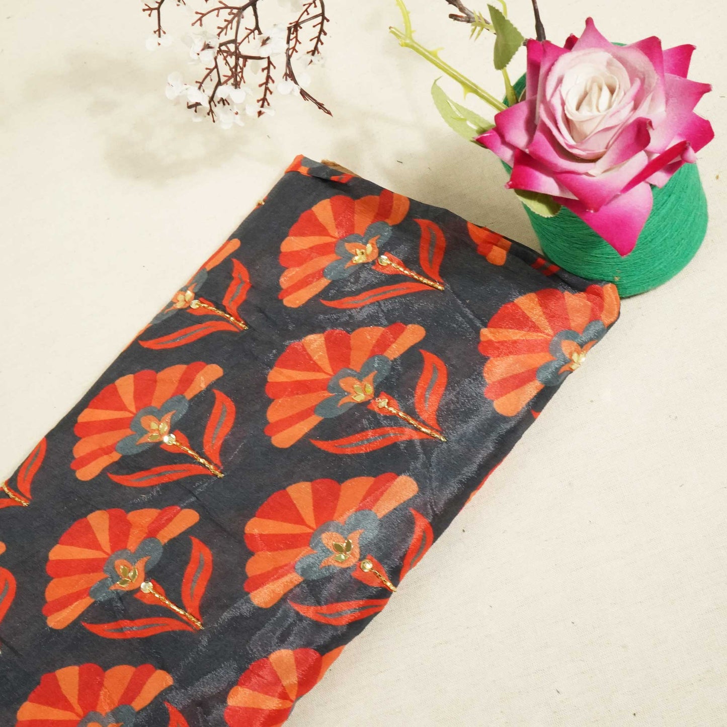 Grey Floral Mirror Hand Embroidery Chinnon Chiffon Fabric 02355 GT-18819