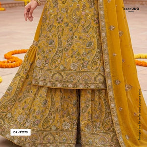Yellow Kashmiri Paisley Embroidery Georgette Fabric DR-32373 - TradeUNO