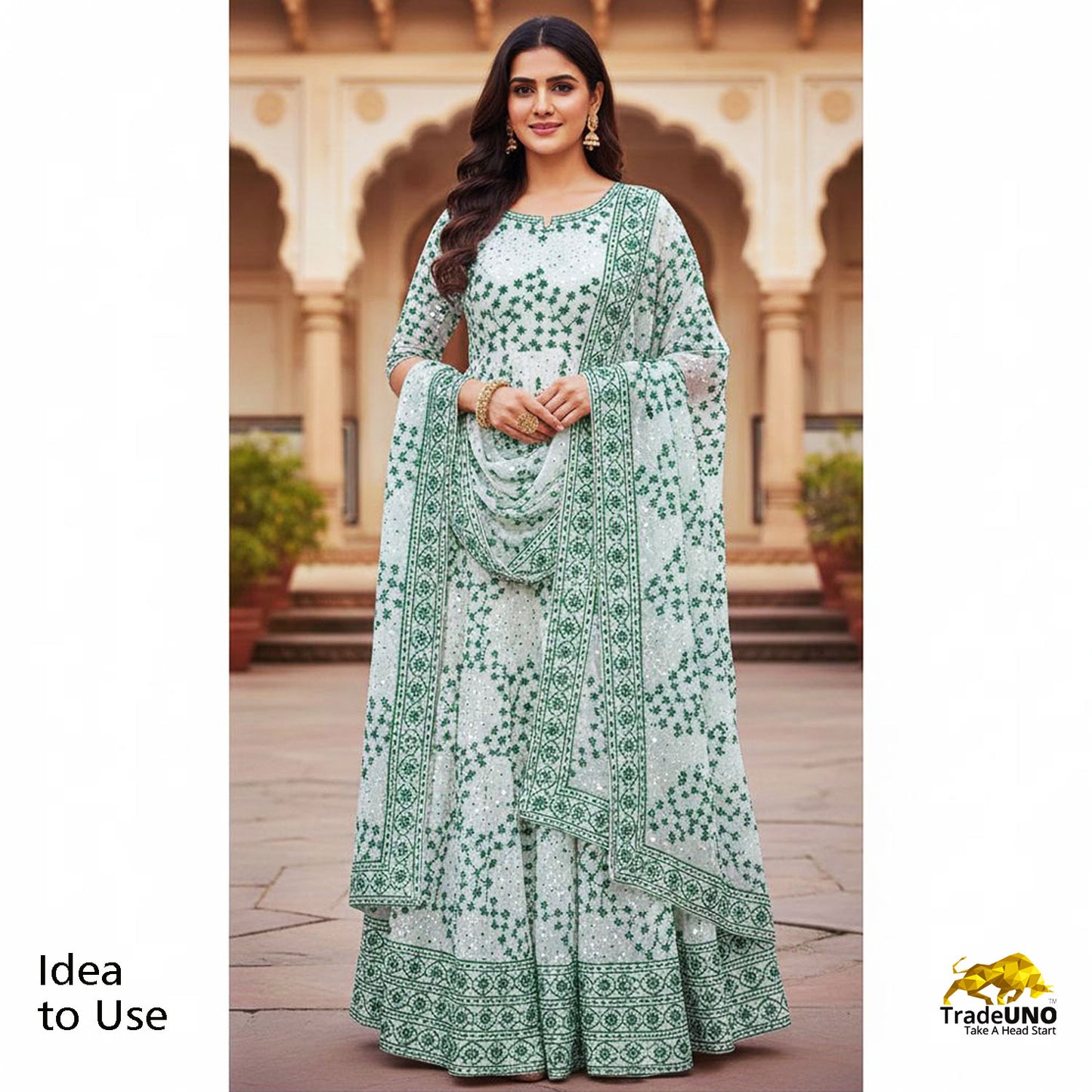 Off White Green Thread Embroidery Georgette Fabric AF-19343