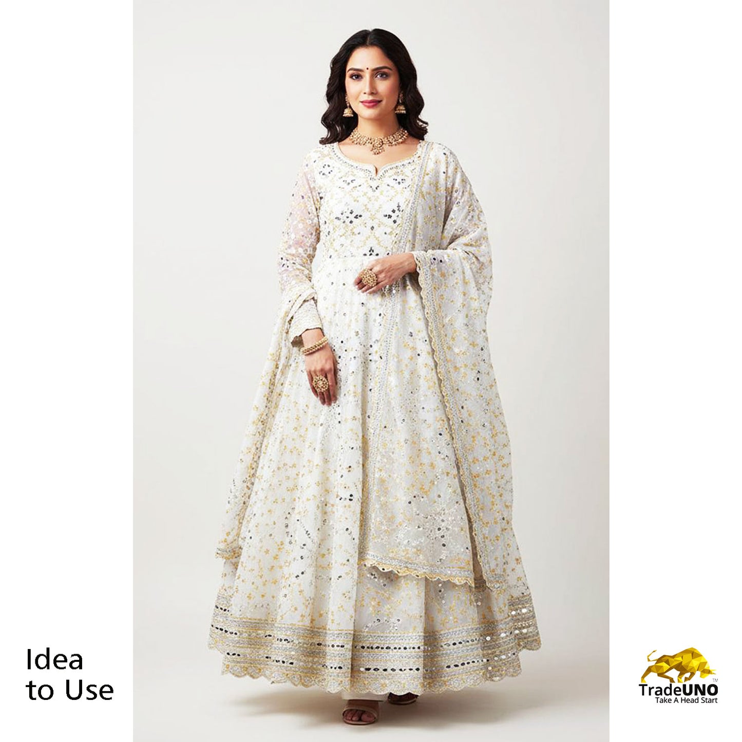 Off White Yellow Thread Embroidery Georgette Fabric AF-19344
